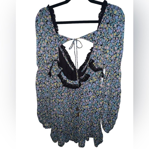 {NWOT Free People Pennie Black Floral Print Ruffle Long Sleeve Mini Dress Small} - Picture 5 of 10